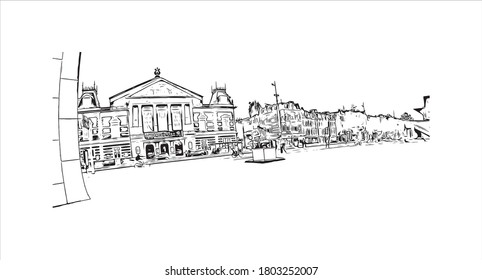 Building view with landmark of Amsterdam is the Netherlands’ capital, known for its artistic heritage. Hand drawn sketch illustration in vector.