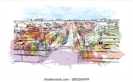 Building view with landmark of Anaheim is a city outside Los Angeles, in Southern California. Watercolor splash with hand drawn sketch illustration in vector.