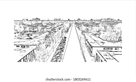 Building view with landmark of Anaheim is a city outside Los Angeles, in Southern California. Hand drawn sketch illustration in vector.