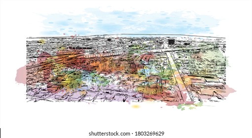 Building view with landmark of Anaheim is a city outside Los Angeles, in Southern California. Watercolor splash with hand drawn sketch illustration in vector.