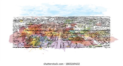 Building view with landmark of Anaheim is a city outside Los Angeles, in Southern California. Watercolor splash with hand drawn sketch illustration in vector.