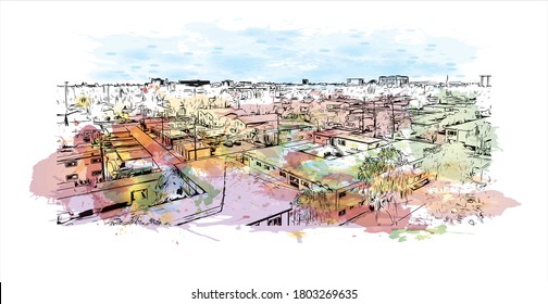 Building view with landmark of Anaheim is a city outside Los Angeles, in Southern California. Watercolor splash with hand drawn sketch illustration in vector.