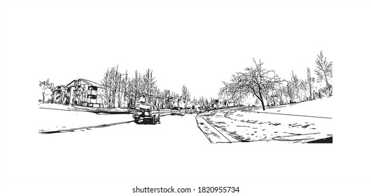 Die größte Stadt in Anchorage ist die Bausicht mit Wahrzeichen 
Vereinigte Staaten. Handgezeichnete Skizzengrafik in Vektorgrafik.
