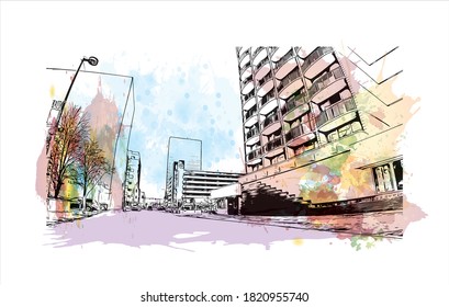 Building view with landmark of Anchorage is the largest city in 
United States. Watercolor splash with hand drawn sketch illustration in vector.
