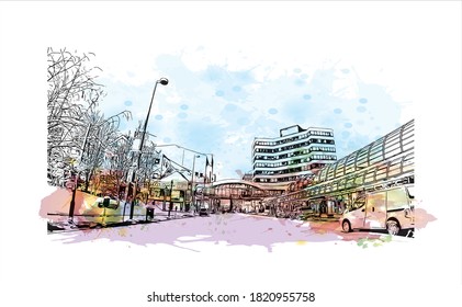 Building view with landmark of Anchorage is the largest city in 
United States. Watercolor splash with hand drawn sketch illustration in vector.