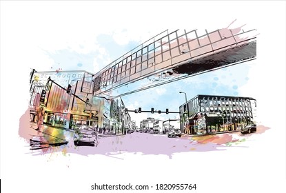 Building view with landmark of Anchorage is the largest city in 
United States. Watercolor splash with hand drawn sketch illustration in vector.
