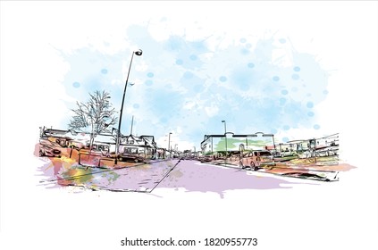 Building view with landmark of Anchorage is the largest city in 
United States. Watercolor splash with hand drawn sketch illustration in vector.