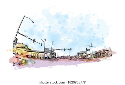 Building view with landmark of Anchorage is the largest city in 
United States. Watercolor splash with hand drawn sketch illustration in vector.