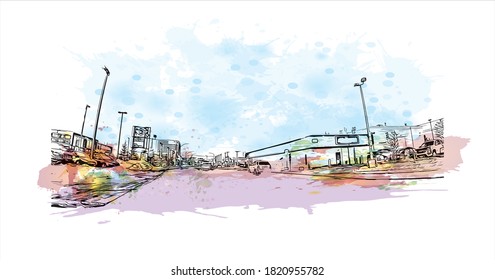 Building view with landmark of Anchorage is the largest city in 
United States. Watercolor splash with hand drawn sketch illustration in vector.