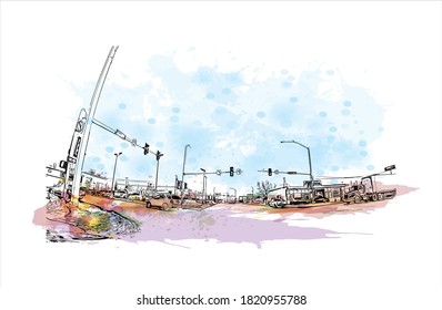 Building view with landmark of Anchorage is the largest city in 
United States. Watercolor splash with hand drawn sketch illustration in vector.