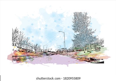 Building view with landmark of Anchorage is the largest city in 
United States. Watercolor splash with hand drawn sketch illustration in vector.