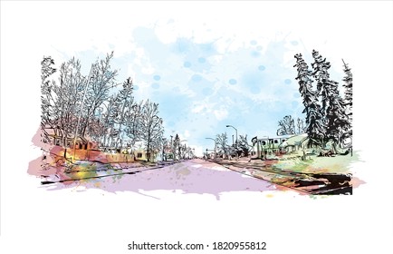 Building view with landmark of Anchorage is the largest city in 
United States. Watercolor splash with hand drawn sketch illustration in vector.