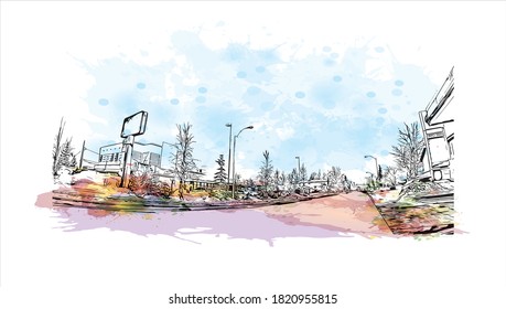 Building view with landmark of Anchorage is the largest city in 
United States. Watercolor splash with hand drawn sketch illustration in vector.