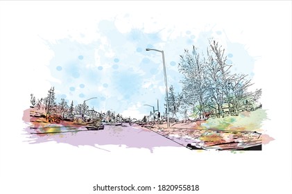 Building view with landmark of Anchorage is the largest city in 
United States. Watercolor splash with hand drawn sketch illustration in vector.