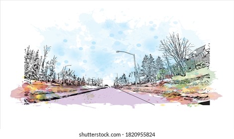 Building view with landmark of Anchorage is the largest city in 
United States. Watercolor splash with hand drawn sketch illustration in vector.