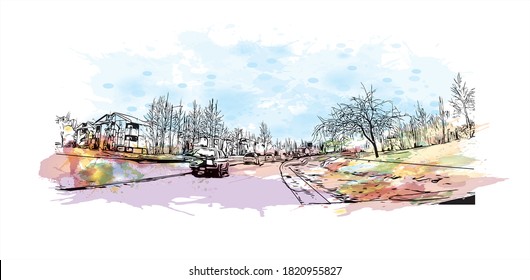 Building view with landmark of Anchorage is the largest city in 
United States. Watercolor splash with hand drawn sketch illustration in vector.