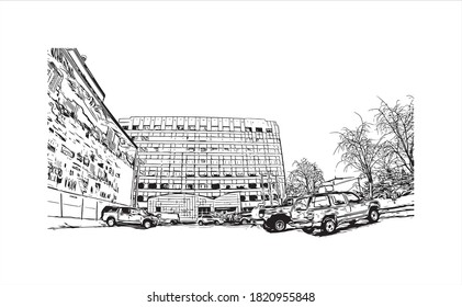 Building view with landmark of Anchorage is the largest city in 
United States. Hand drawn sketch illustration in vector.
