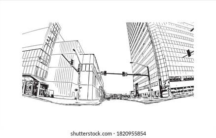 Building view with landmark of Anchorage is the largest city in 
United States. Hand drawn sketch illustration in vector.