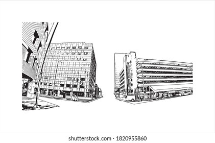 Building view with landmark of Anchorage is the largest city in 
United States. Hand drawn sketch illustration in vector.