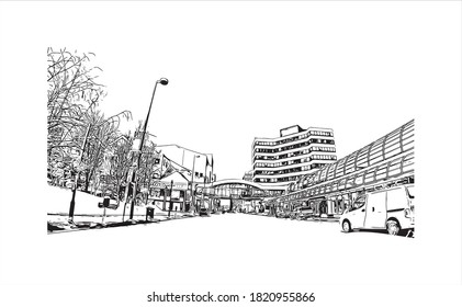 Building view with landmark of Anchorage is the largest city in 
United States. Hand drawn sketch illustration in vector.