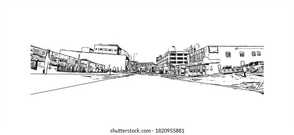 Die größte Stadt in Anchorage ist die Bausicht mit Wahrzeichen 
Vereinigte Staaten. Handgezeichnete Skizzengrafik in Vektorgrafik.