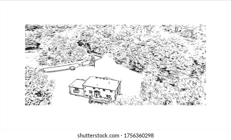 Building view with landmark of Andover is a town in Essex County, Massachusetts, United States. Hand drawn sketch illustration in vector.