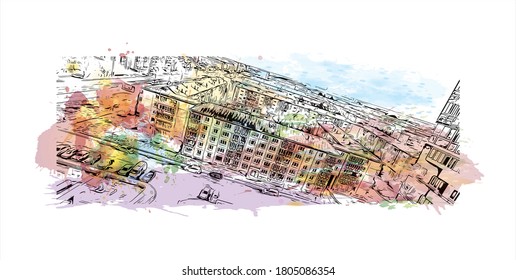 Building view with landmark of Angarsk is a city and the administrative center of Angarsky District of Irkutsk Oblast, Russia. Watercolor splash with hand drawn sketch illustration in vector.