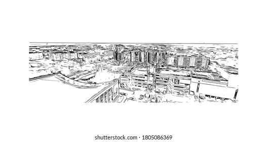 Building view with landmark of Angarsk is a city and the administrative center of Angarsky District of Irkutsk Oblast, Russia. Hand drawn sketch illustration in vector.