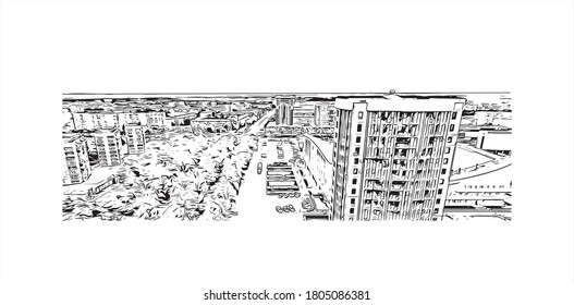 Building view with landmark of Angarsk is a city and the administrative center of Angarsky District of Irkutsk Oblast, Russia. Hand drawn sketch illustration in vector.