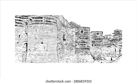 Building view with landmark of Angers is a city in western France beside the Maine river at the edge of the Loire Valley. Hand drawn sketch illustration in vector.
