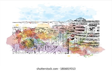 Building view with landmark of Angers is a city in western France beside the Maine river at the edge of the Loire Valley. Watercolor splash with hand drawn sketch illustration in vector.