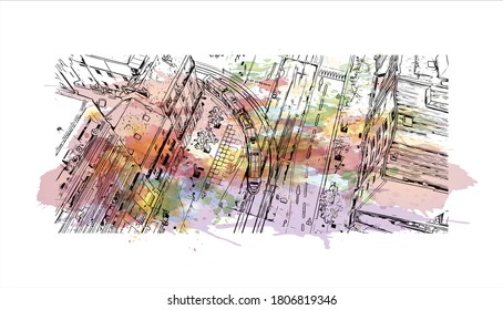 Building view with landmark of Angers is a city in western France beside the Maine river at the edge of the Loire Valley. Watercolor splash with hand drawn sketch illustration in vector.