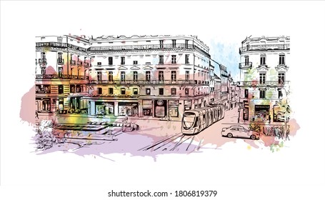 Building view with landmark of Angers is a city in western France beside the Maine river at the edge of the Loire Valley. Watercolor splash with hand drawn sketch illustration in vector.