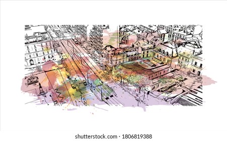 Building view with landmark of Angers is a city in western France beside the Maine river at the edge of the Loire Valley. Watercolor splash with hand drawn sketch illustration in vector.
