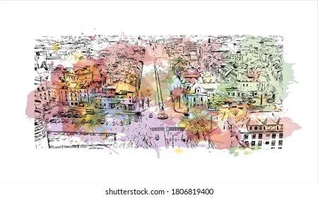Building view with landmark of Angers is a city in western France beside the Maine river at the edge of the Loire Valley. Watercolor splash with hand drawn sketch illustration in vector.