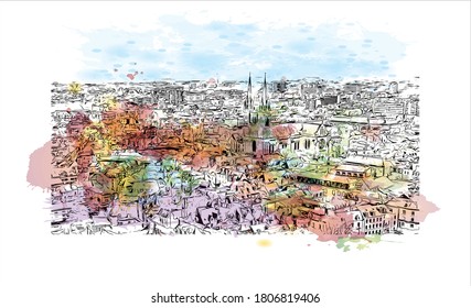 Building view with landmark of Angers is a city in western France beside the Maine river at the edge of the Loire Valley. Watercolor splash with hand drawn sketch illustration in vector.