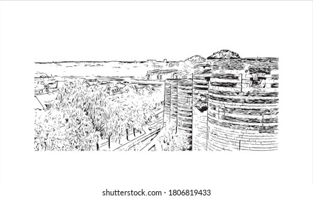 Building view with landmark of Angers is a city in western France beside the Maine river at the edge of the Loire Valley. Hand drawn sketch illustration in vector.