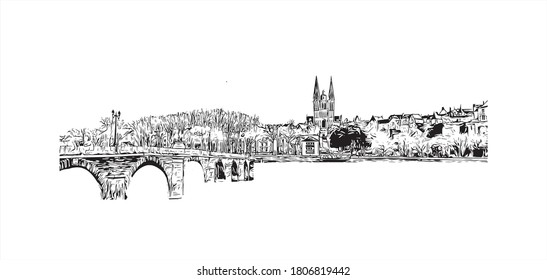 Building view with landmark of Angers is a city in western France beside the Maine river at the edge of the Loire Valley. Hand drawn sketch illustration in vector.