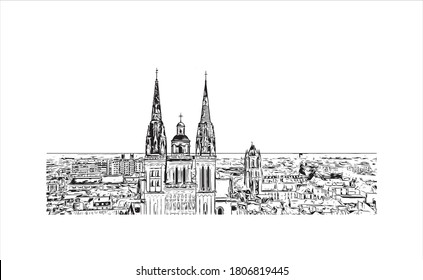 Building view with landmark of Angers is a city in western France beside the Maine river at the edge of the Loire Valley. Hand drawn sketch illustration in vector.