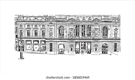 Building view with landmark of Angers is a city in western France beside the Maine river at the edge of the Loire Valley. Hand drawn sketch illustration in vector.