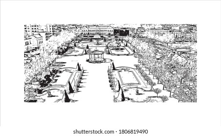 Building view with landmark of Angers is a city in western France beside the Maine river at the edge of the Loire Valley. Hand drawn sketch illustration in vector.