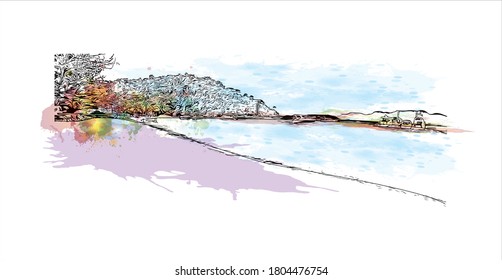 Building view with landmark of Angra dos Reis is a Brazilian municipality in southwest Rio de Janeiro state. Watercolor splash with  hand drawn sketch illustration in vector.