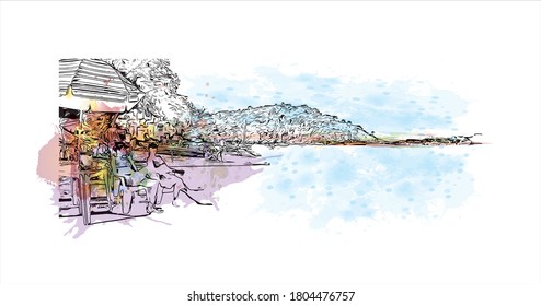 Building view with landmark of Angra dos Reis is a Brazilian municipality in southwest Rio de Janeiro state. Watercolor splash with  hand drawn sketch illustration in vector.