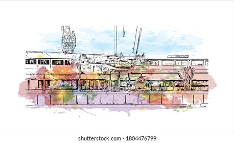 Building view with landmark of Angra dos Reis is a Brazilian municipality in southwest Rio de Janeiro state. Watercolor splash with  hand drawn sketch illustration in vector.