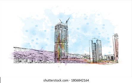 Building view with landmark of Ankara, Turkey’s cosmopolitan capital, sits in the country’s central Anatolia region. Watercolor splash with hand drawn sketch illustration in vector.