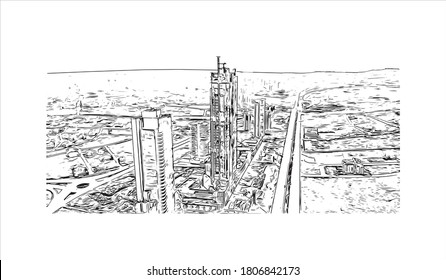 Building view with landmark of Ankara, Turkey’s cosmopolitan capital, sits in the country’s central Anatolia region. Hand drawn sketch illustration in vector.