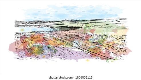 Building view with landmark of Annaba is a port city in northeast Algeria. Watercolor splash with hand drawn sketch illustration in vector.