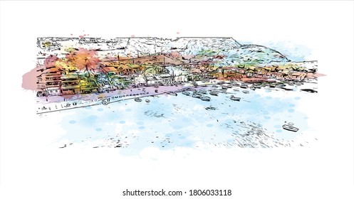 Building view with landmark of Annaba is a port city in northeast Algeria. Watercolor splash with hand drawn sketch illustration in vector.
