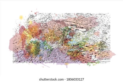 Building view with landmark of Annaba is a port city in northeast Algeria. Watercolor splash with hand drawn sketch illustration in vector.