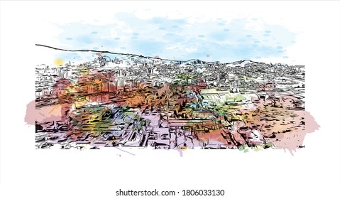 Building view with landmark of Annaba is a port city in northeast Algeria. Watercolor splash with hand drawn sketch illustration in vector.